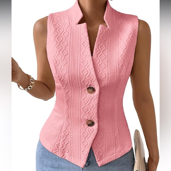 Mina Self Textured Vest Size Large Pink 2 Buttons - Picture 2 of 11